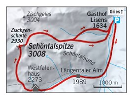Übersichtskarte, Schöntalspitze, Löngentaler Alm, Westfalenhaus, Zischgenscharte