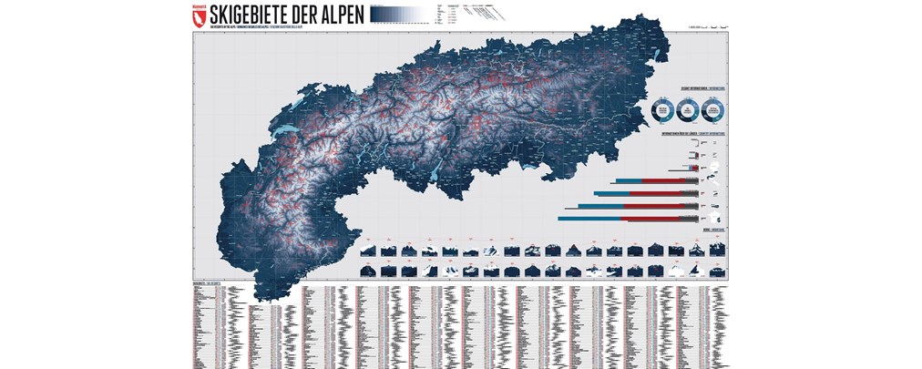 Eine Karte mit den Skigebieten der Alpen