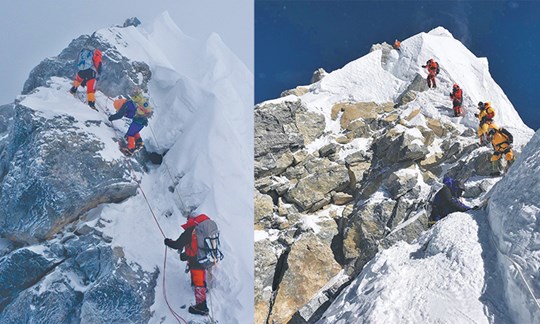 Links ein Foto vom Hillary Step im Jahr 2011, rechts ein heutiges Bild ohne die Kletterpassage.